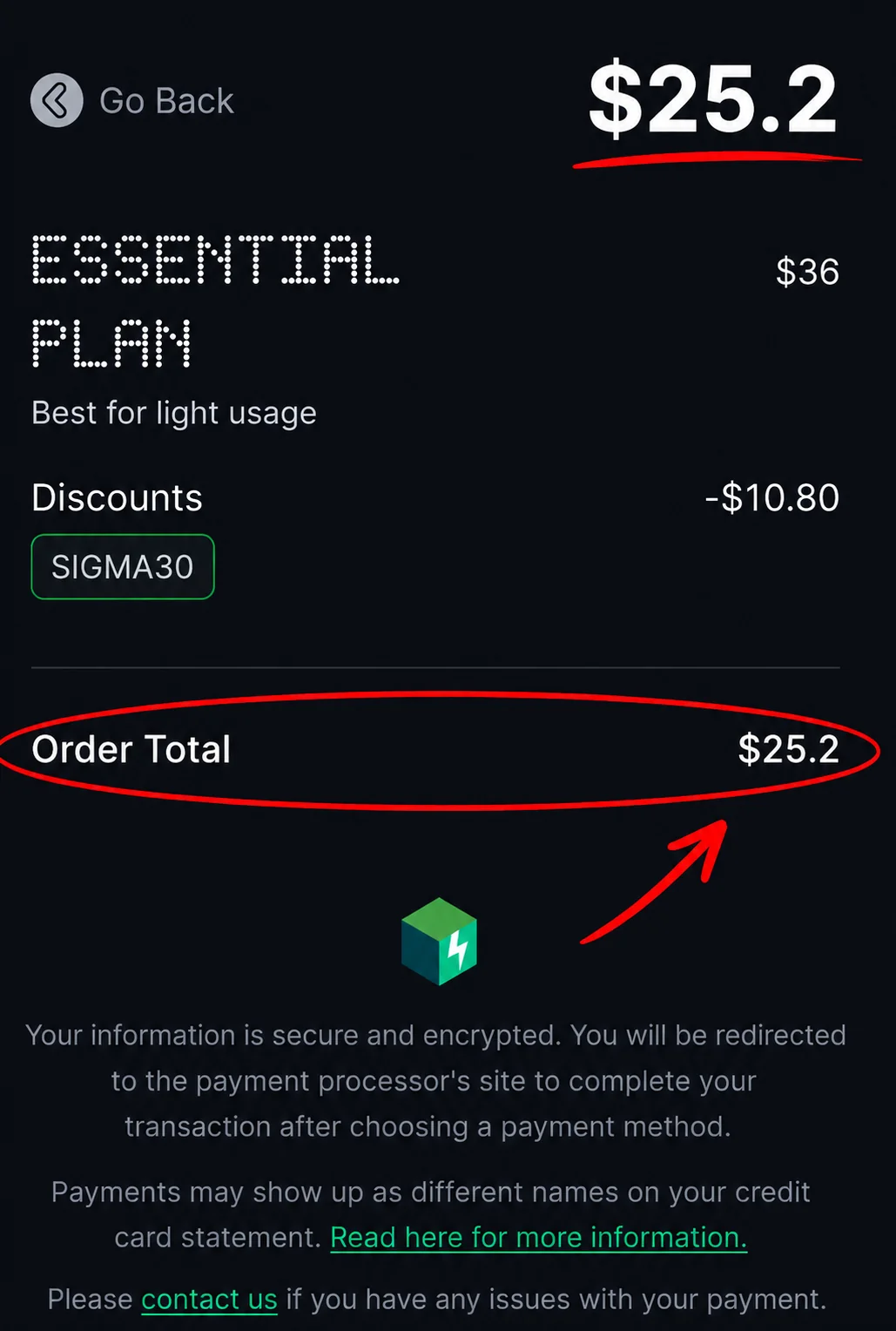 TorBox checkout showing $36 reduced to $25.20 with SIGMA30