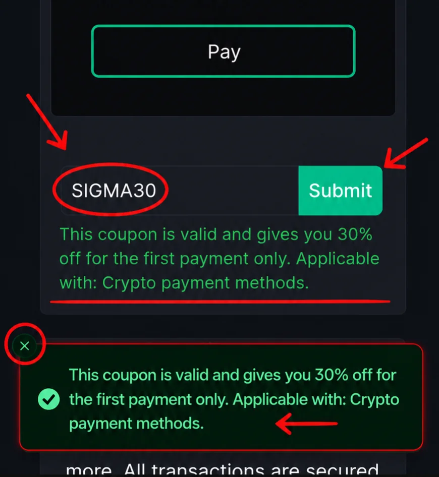 SIGMA30 coupon validated: 30% off first payment with crypto